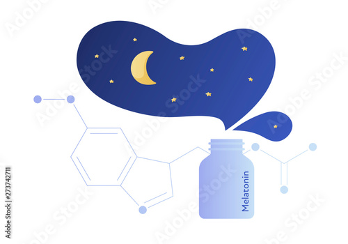 Vector modern melatonin treatment banner template. Blue gradient night sky illustration and hormone structure and drug bottle isolated on white. Concept of sleep disorder treatment, good dream.