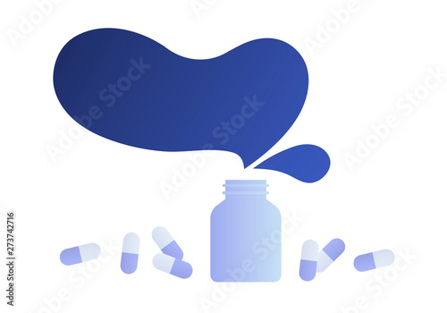 Vector modern style drug treatment symbol. Blue gradient bottle of pills with bubble shape isolated on white background. Design element for banner, poster, presentation, web.