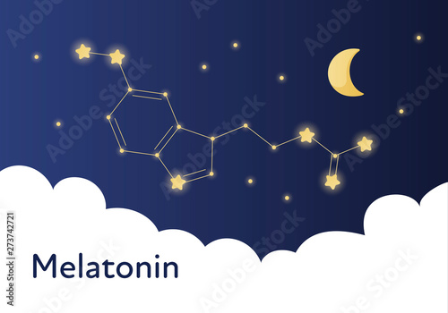 Vector modern melatonin treatment banner template. Blue gradient night sky illustration with molecula structure in constellation isolated on white background. Concept of sleep disorder treatment. photo