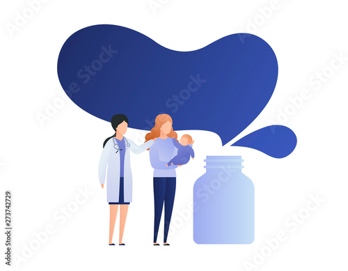 Vector doctor drug prescription design element. Female doctor flat character comfort mother with child isolated on white. Concept of baby friendly treatment for web, banner, poster, presentation.