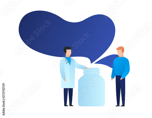 Vector doctor drug prescription design element. Male doctor with patient flat characters and bottle of pill on white. Concept of ill prevention medication for web, banner, poster, presentation.