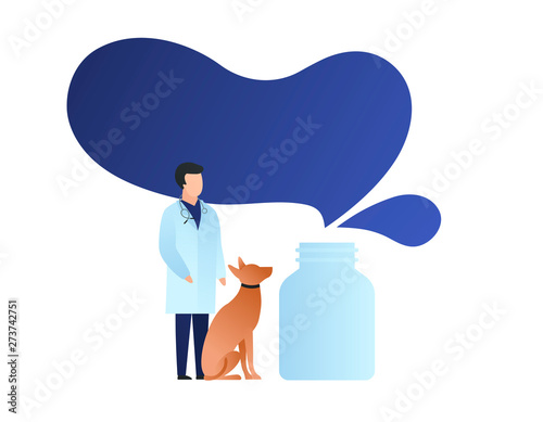 Vector doctor drug prescription design element. Male doctor with dog patient flat characters and bottle of pill on white. Concept of vet medication treatment for web, banner, poster, presentation.
