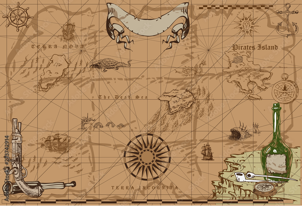  vector image of an old sea map in the style of medieval engravings
