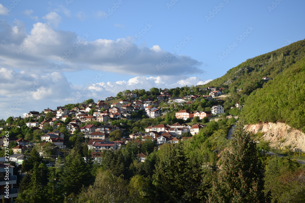 Distant view of mountain village.