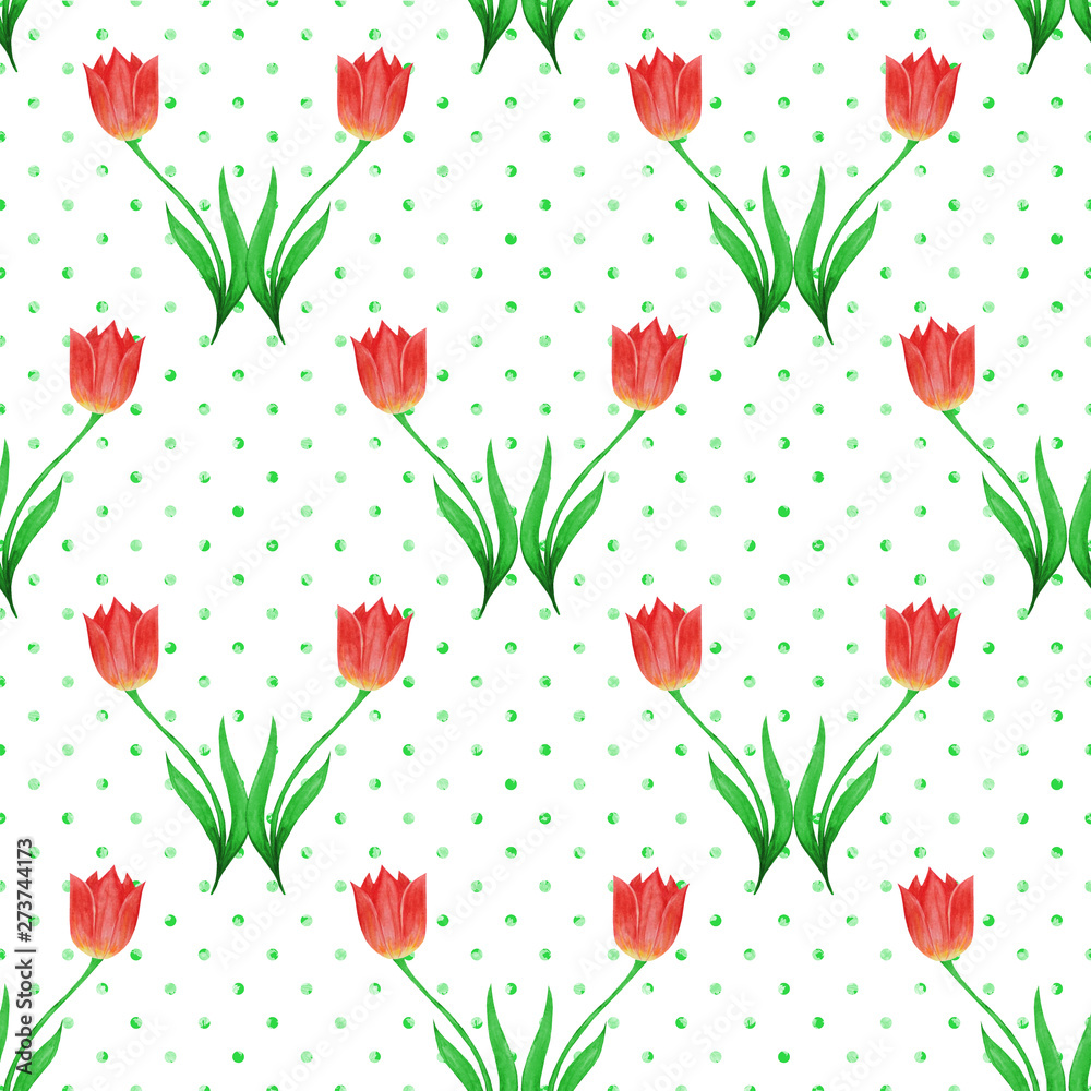 Simple seamless pattern of tulips isolated on a white background. Green polka dot. Simple seamless pattern of tulips isolated on a white background. Green polka dot.