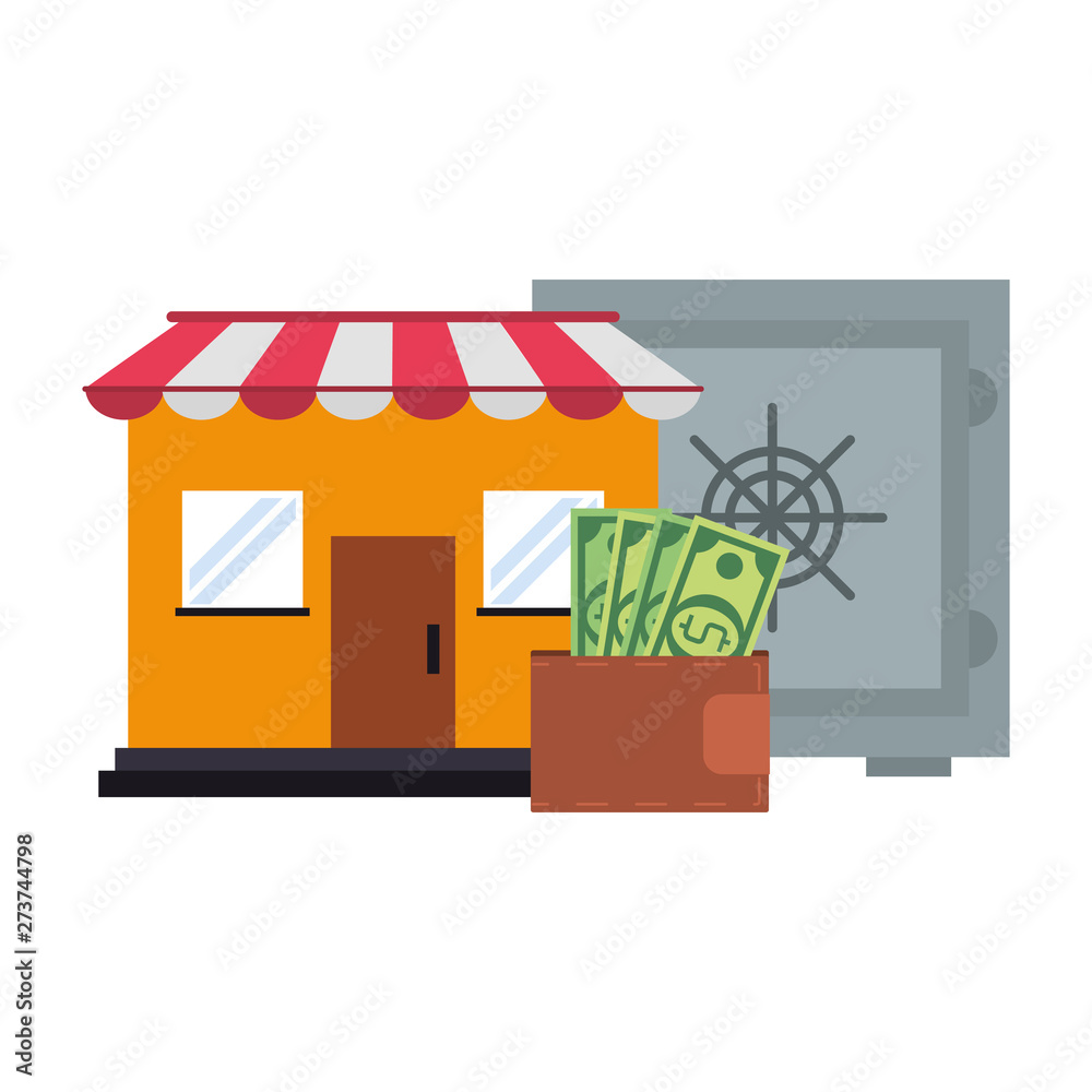 Store shop with strongbox and wallet with money symbols
