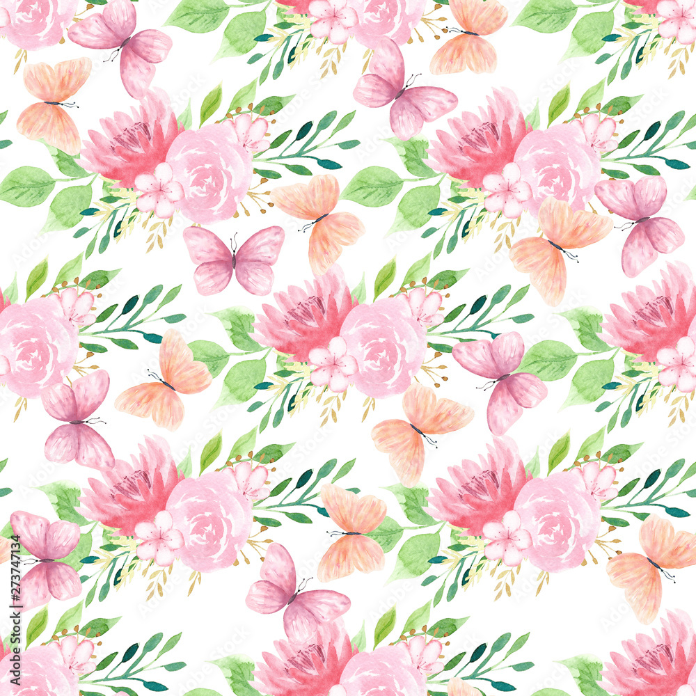 Flowers and colorful butterflies seamless pattern
