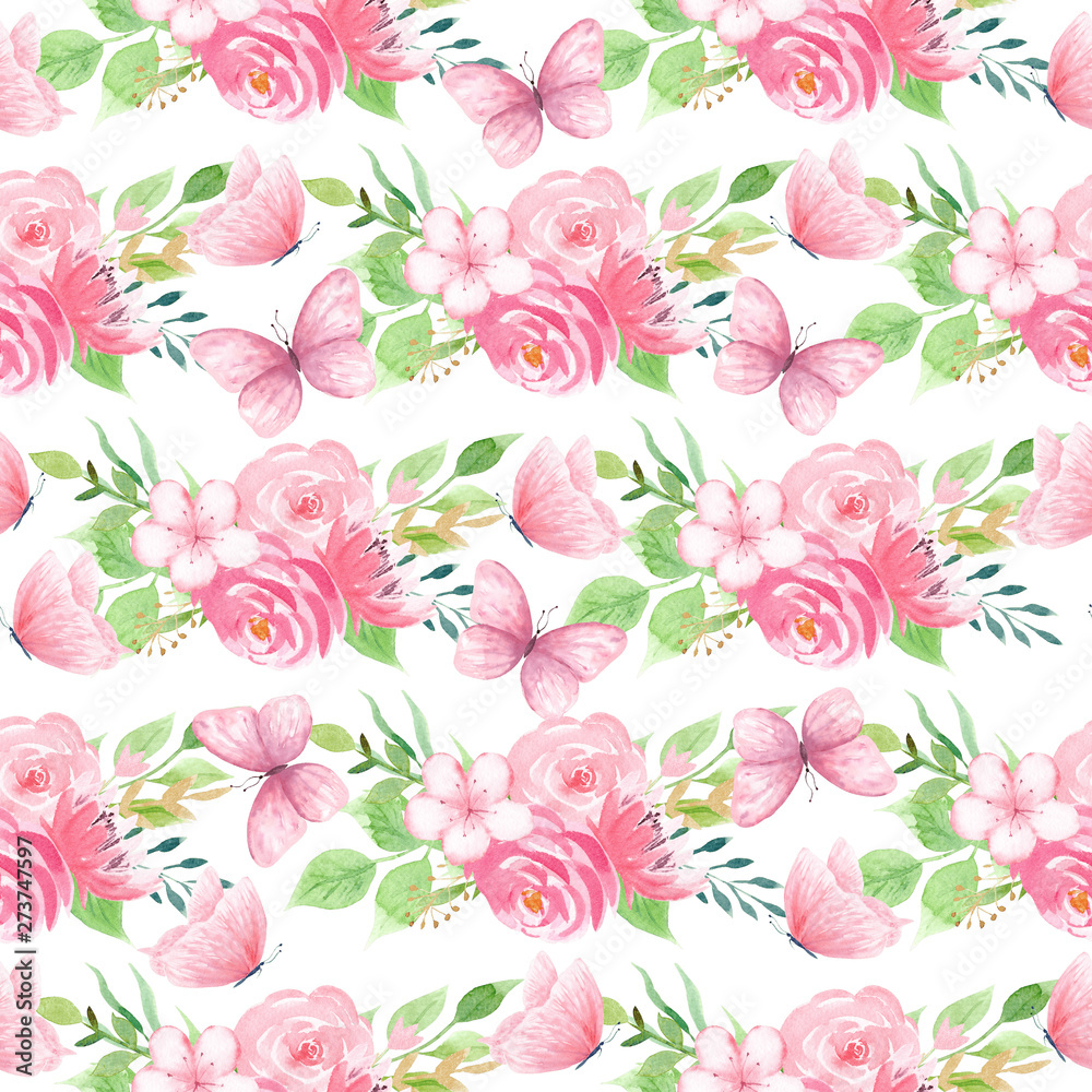 Blossom with flying insects seamless pattern