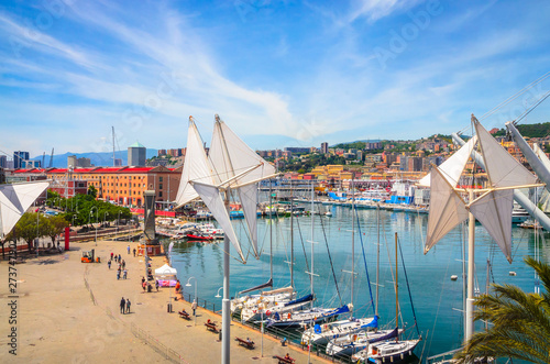 Panoramic view  of old port of Genoa (Genova) in a beautiful summer day, Liguria, Italy