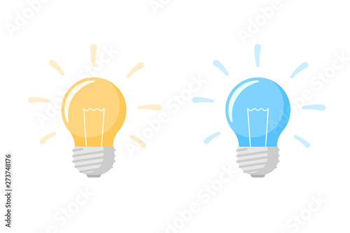 Yellow and blue light bulb lamp flat icon with bright rays shine set. Energy innovation and creative idea symbol isolated on white background. Vector Illustration