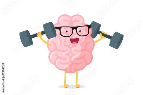 Cartoon smart strong human brain character with glasses power training concept. Rock erudition intellect with dumbbells. Central nervous system organ education funny flat vector illustration