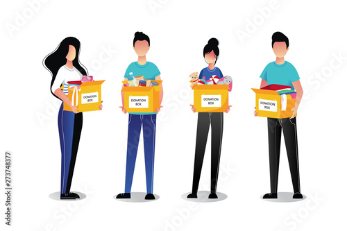 Volunteer young people with donation boxes, isolated on white background. Vector flat cartoon illustrations.