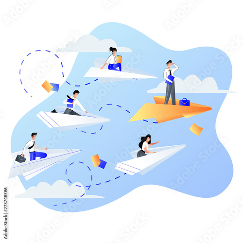 Leadership, career and success business concept. Businessmen people flying on paper airplanes. Vector flat illustration