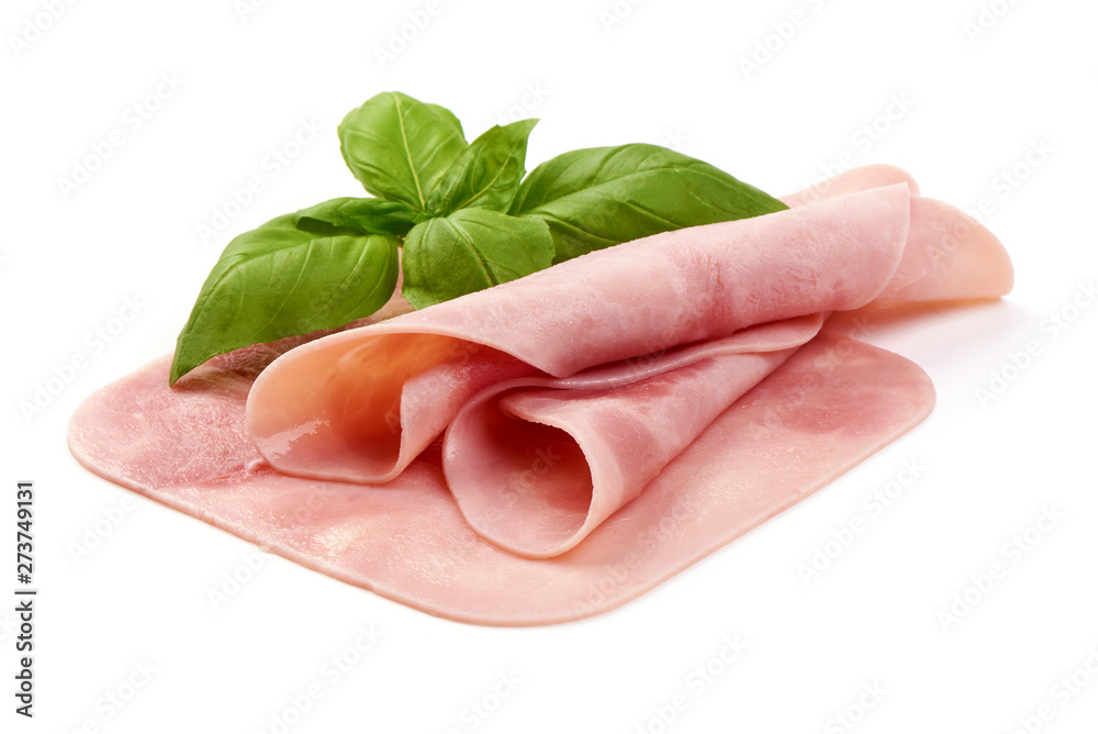 Sliced boiled ham sausage, close-up, isolated on white background Sliced boiled ham sausage, close-up, isolated on white background