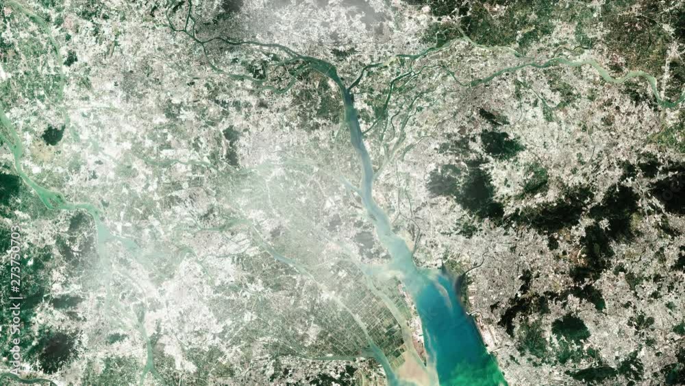 Pearl river delta in China satellite view clouds animation. Contain public domain image by Nasa