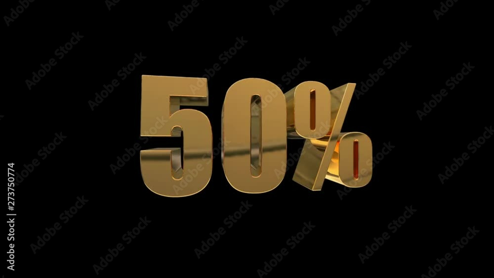 3D Flying Rotating Fifty Percent (50%). Realistic Gold Isolated on Black. 3D Flying Rotating Fifty Percent (50%). Realistic Gold Isolated on Black.