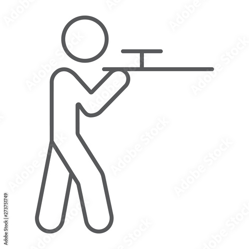 Shooting thin line icon, hunting and shotgun, man with riffle sign, vector graphics, a linear pattern on a white background.