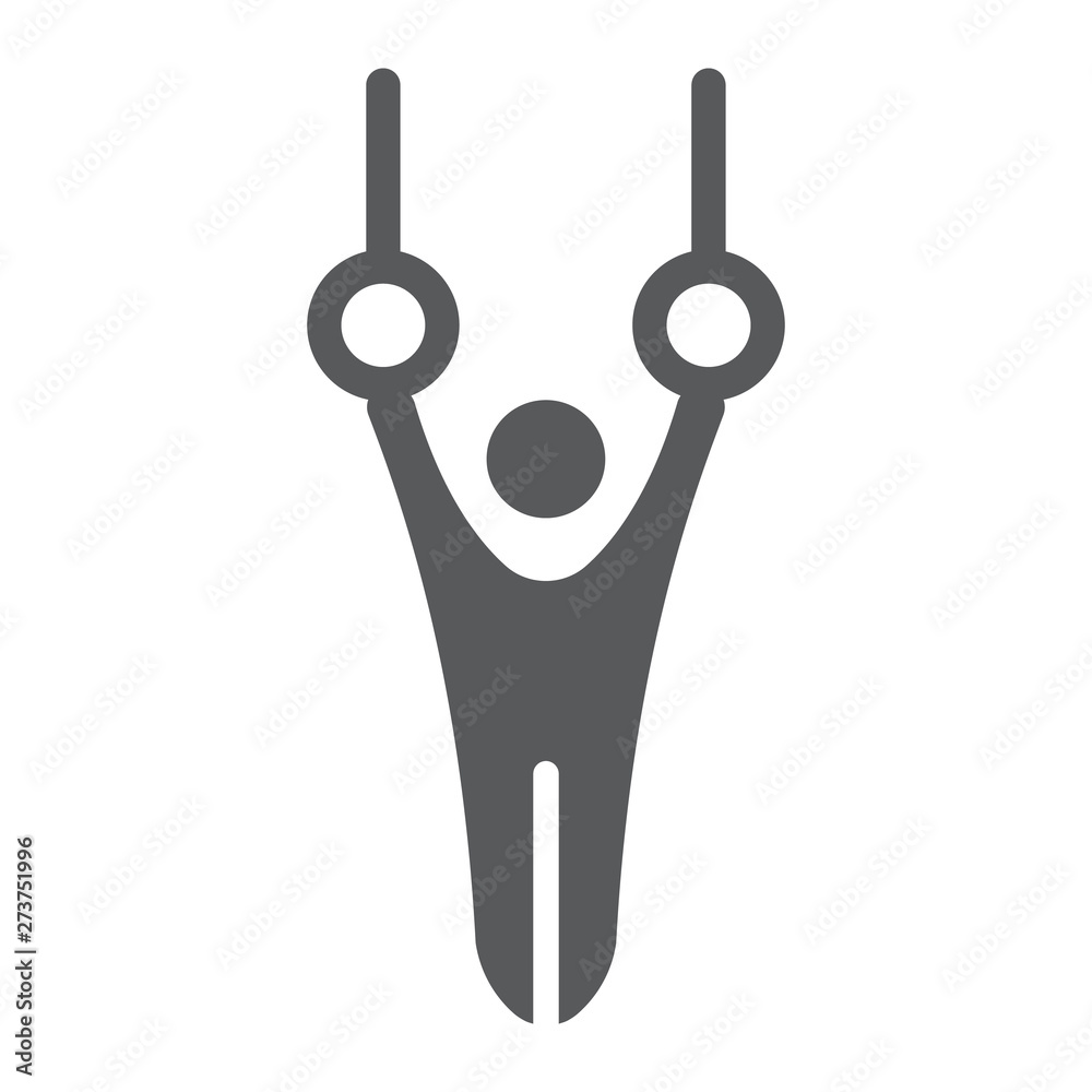 Gymnast glyph icon, sport and gymnastic, athlete on rings sign, vector graphics, a solid pattern on a white background. Gymnast glyph icon, sport and gymnastic, athlete on rings sign, vector graphics, a solid pattern on a white background.