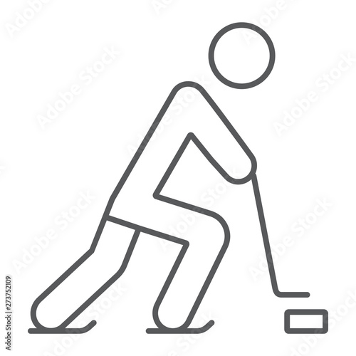 Hockey player thin line icon, sport and skate, ice hockey sign, vector graphics, a linear pattern on a white background.