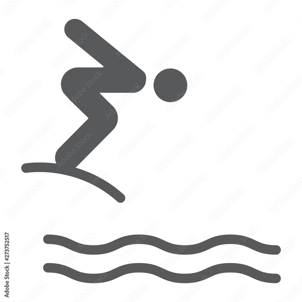 Jump diving glyph icon, sport and water, diver sign, vector graphics, a solid pattern on a white background. Jump diving glyph icon, sport and water, diver sign, vector graphics, a solid pattern on a white background.