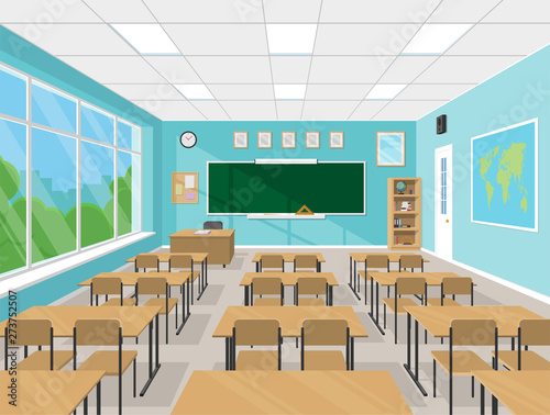 Empty school classroom interior with chalkboard, teacher's table, desks and chairs, school supplies. Education concept in flat style. Vector illustration