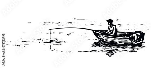 The man in the boat is fishing. Vector drawing