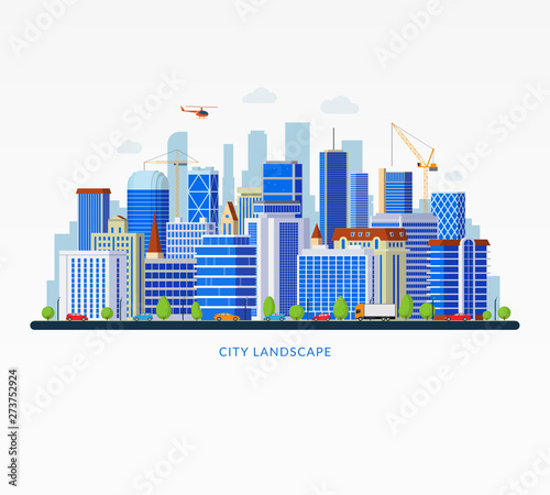 City landscape with business center, sky scrapers, buildings, road traffic. Vector illustration in flat style