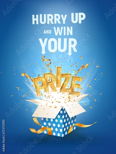 Open textured blue box with confetti explosion inside and golden PRIZE word. Flying particles from giftbox vector illustration on blue background
