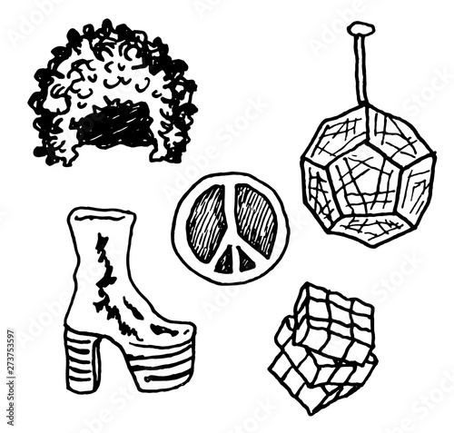 Quadro su tela Disco era objects 80s epoch items wig Rubik's cube shoes with high heel peace si