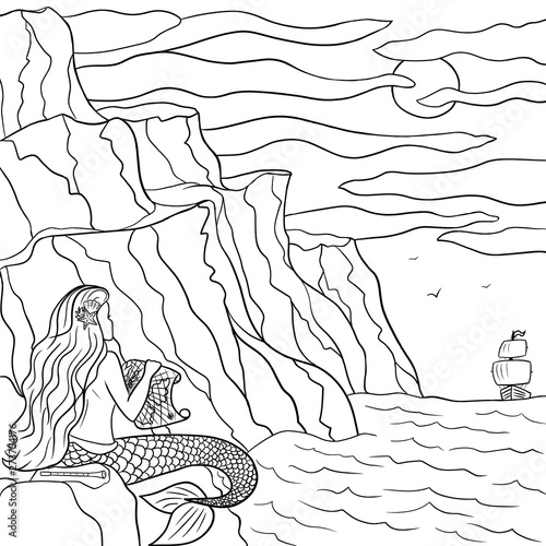 Line art hand drawn sketch dreamy mermaid on the stone and sailboat in the sea. Adult or children coloring illustration.