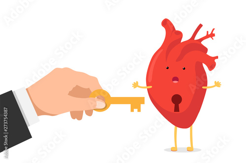Cartoon heart character with keyhole and hand holding key. Vector circulatory organ broken or closed. Funny illustration