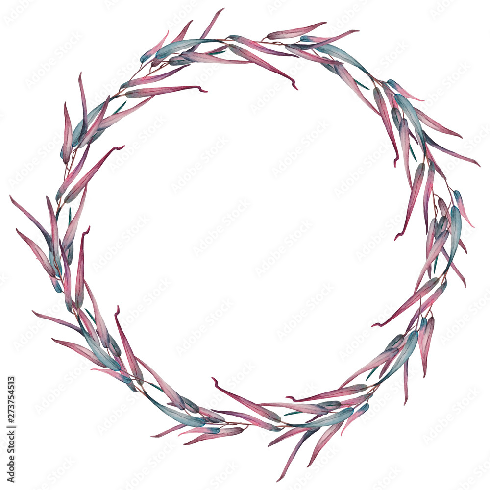 Watercolor wreath of eucalyptus branches. Watercolor hand painted floral round frame isolated on white background.