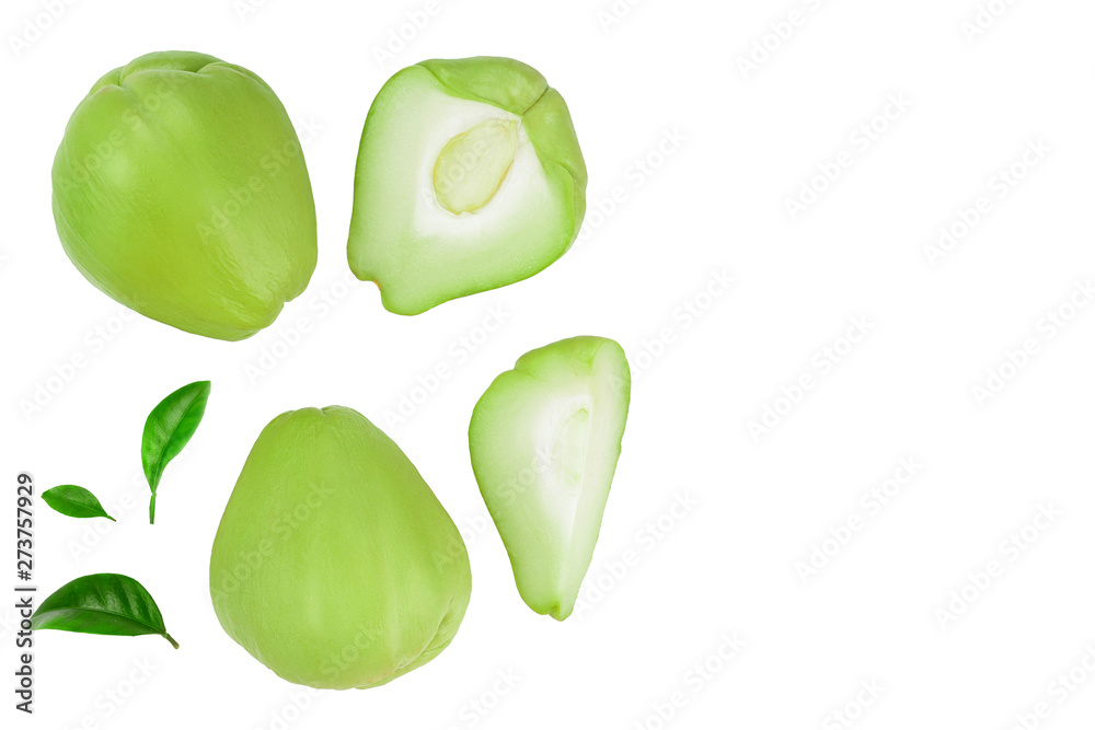 fresh Chayote vegetable isolated on white background with copy space for your text. Top view. Flat lay