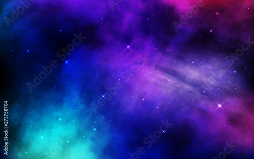 Cosmos background. Colorful space with stardust and shining stars. Bright nebula and milky way. Blue galaxy backdrop. Night starry sky. Universe banner. Vector illustration