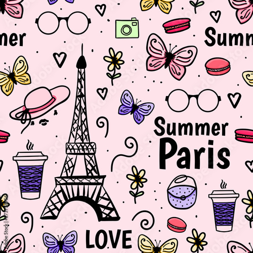 Summer Paris with Eiffel Tower, butterfly. Vector Seamless pattern. Cute female pink background.
