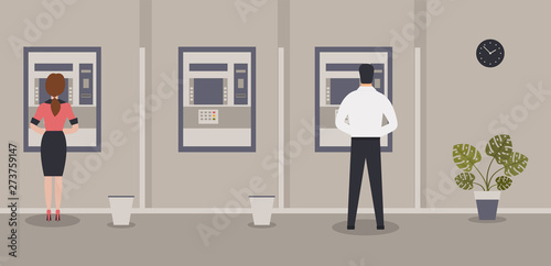 Bank office interior.Elegant interior financial institution.Female and male clients stand near the Bank counters. Monstera in pot and wall clock.Vector