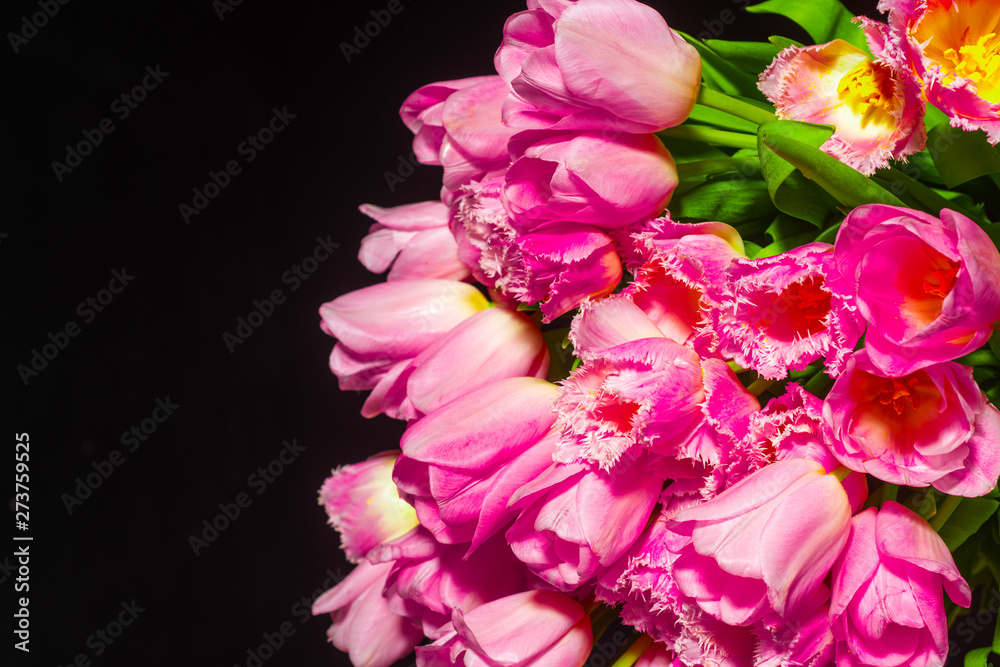 Pink tulips on black background. Flat lay, top view. Valentines background. Bouquet of pink tulips on a light background. Holiday card. Pink tulips on black background. Flat lay, top view. Valentines background. Bouquet of pink tulips on a light background. Holiday card.
