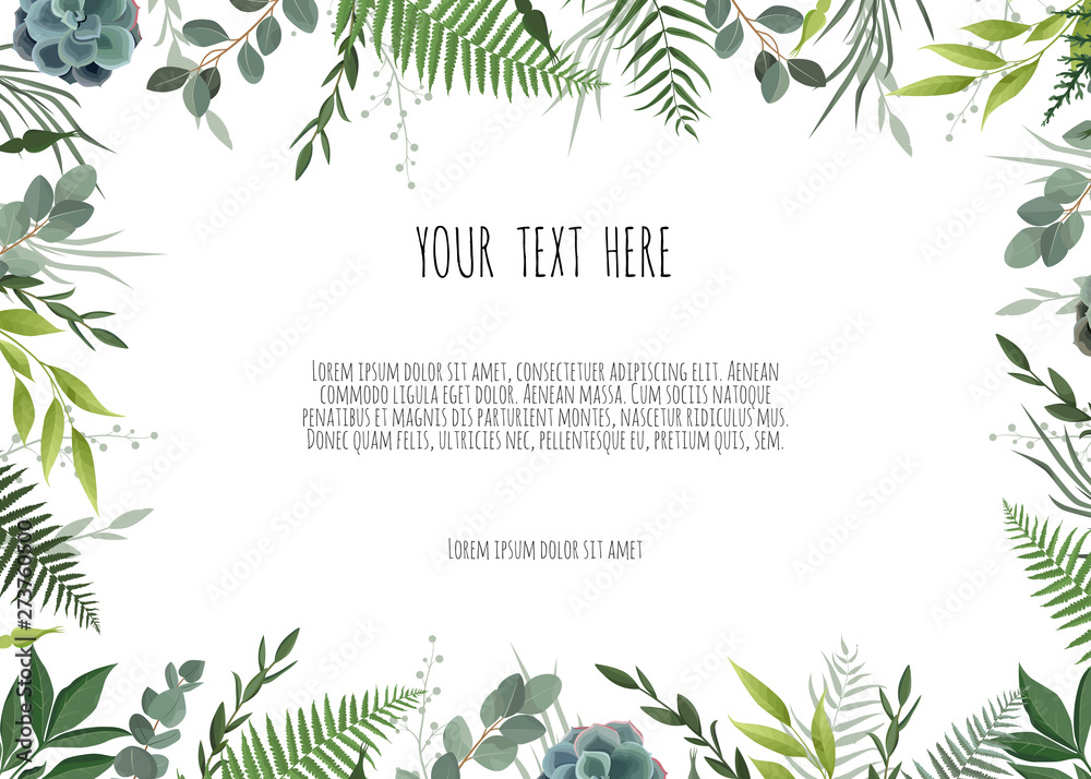 Green branches leaves foliage, border, frame. Floral poster, invite. - obrazy, fototapety, plakaty 
