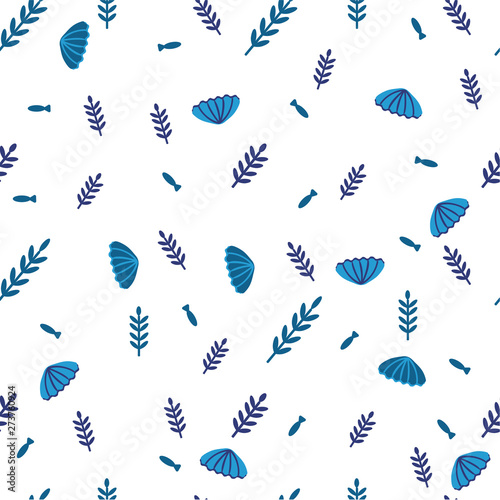 Marine background Hand drawn vector illustrations - seamless pattern of Blue seashells and algae. Doodle style Perfect for invitations, greeting cards, posters, prints, banners, flyers © Olesya