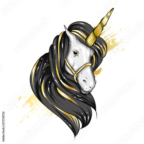Beautiful unicorn in the highlights and stars. Fairy-tale and mythical character. Horse with a mane. Ready design postcards, poster or print on fabric or clothing. Vector. Magic and fairy tale.