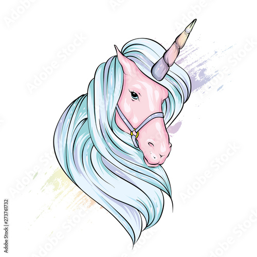 Beautiful unicorn in the highlights and stars. Fairy-tale and mythical character. Horse with a mane. Ready design postcards, poster or print on fabric or clothing. Vector. Magic and fairy tale.