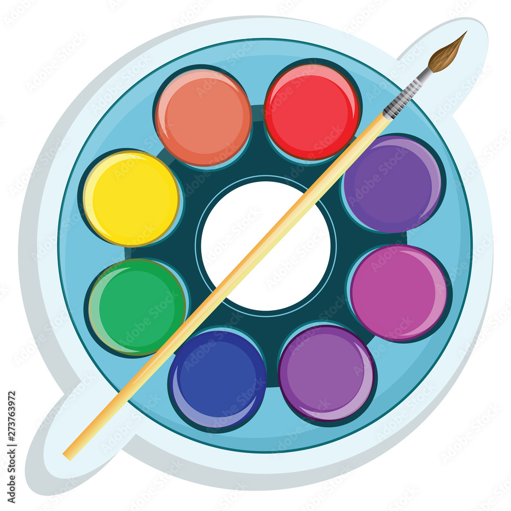 Palette with bright colors and art brush - isolated on white background - vector. Back to school. Art Studio. Palette with bright colors and art brush - isolated on white background - vector. Back to school. Art Studio.