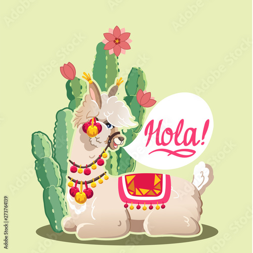 Illustration with llama and cactus plants. Vector seamless pattern on green background. Greeting card with Alpaca.