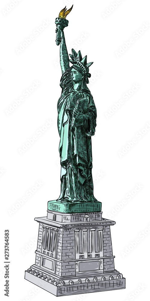 Fototapeta premium Statue of liberty in hand drawing style, line cross hatching, stroke, color. Hand drawn sketch. American national symbol, New York and USA landmark. Vector.
