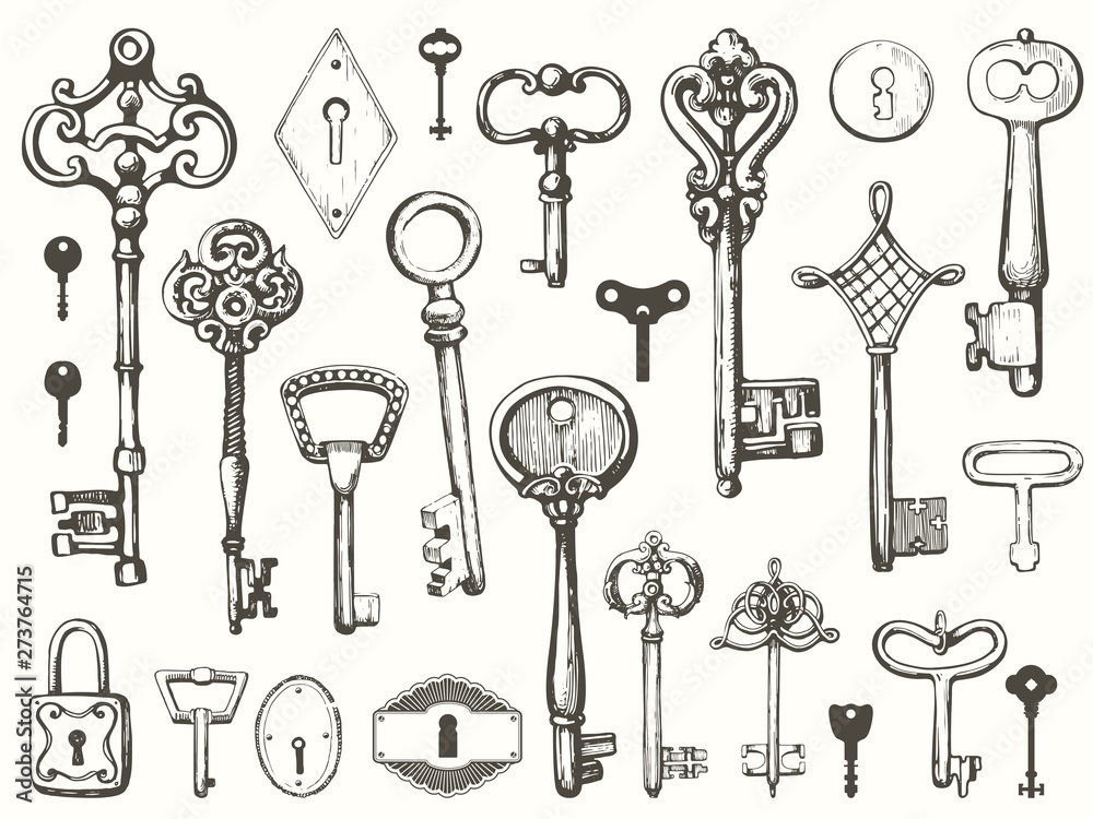 Vector set of hand-drawn antique keys. Illustration in sketch style on white background. Old design