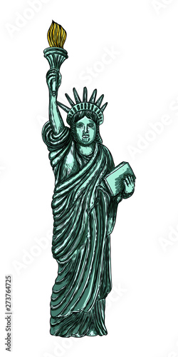 Statue of liberty in hand drawing style, line hatching stroke, color. Hand drawn sketch. American national symbol, New York and USA landmark. Vector.