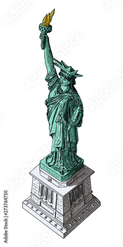 New York famous Statue of liberty sketch. Hand drawing style, line hatching stroke. Symbol of freedom and United States Declaration of Independence. Vector.