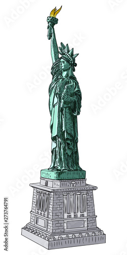 New York famous Statue of liberty sketch. Hand drawing style, line hatching stroke. Symbol of freedom and United States Declaration of Independence. Vector.