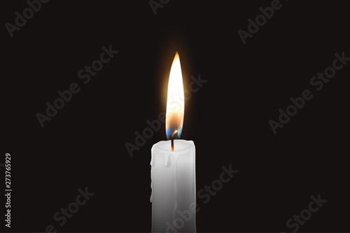 Vector 3d Realistic One Single Rendwer White Paraffin or Wax Burning Candle Closeup Isolated on Dark or Black Background. Flame at Night