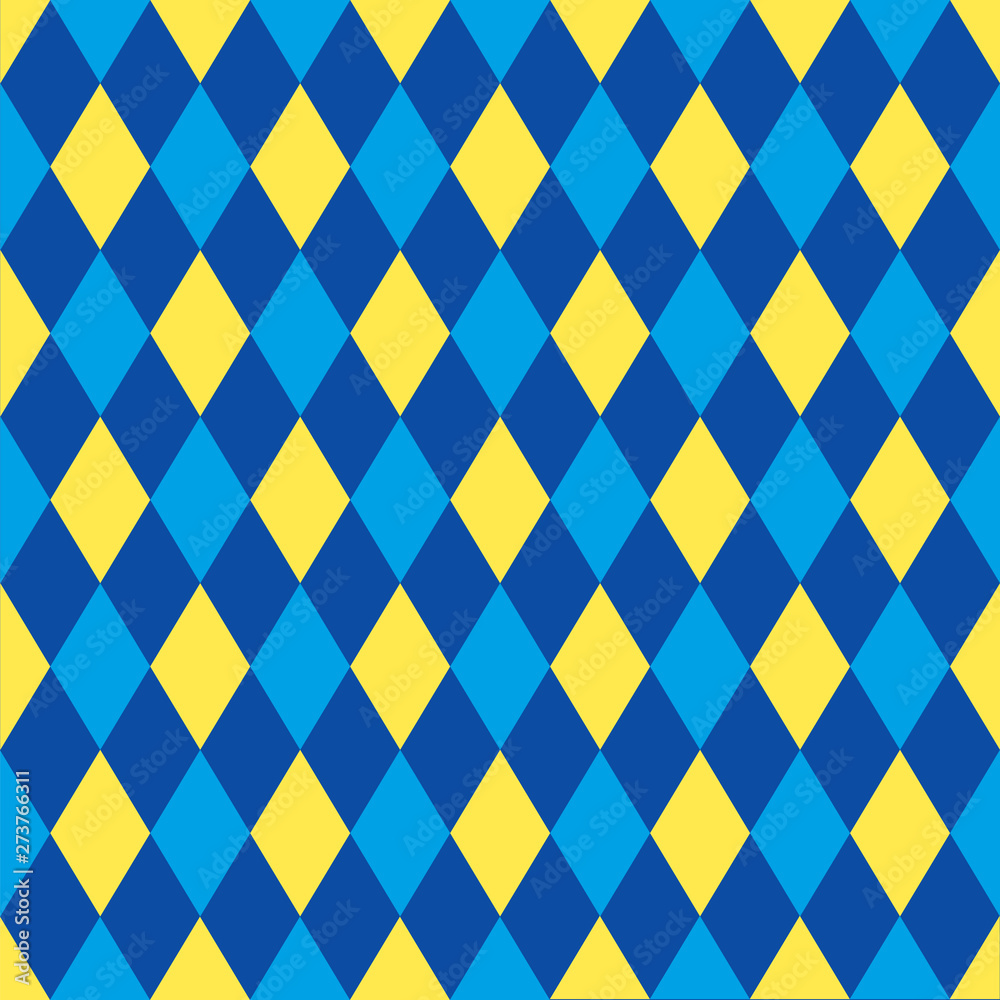 Seamless harlequin pattern background in blue and yellow.